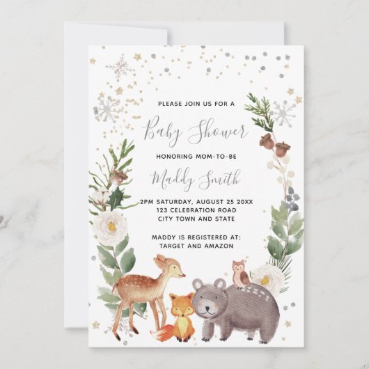 Invitation Baby shower d'hiver des animaux des bois mignons (Devant)