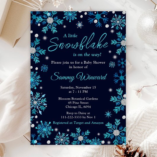 Invitation Baby shower d'hiver des flocons bleus et argentés