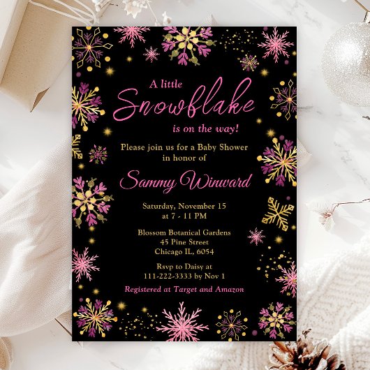 Invitation Baby shower d'hiver des flocons d'or et de rose