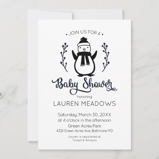 Invitation Baby shower d'hiver Doodle Penguin (Devant)