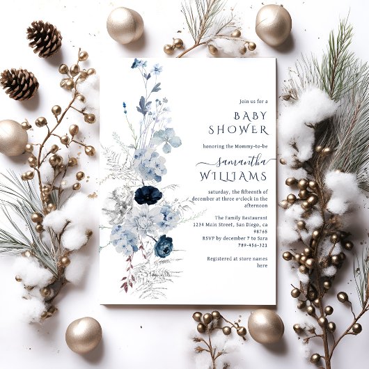 Invitation Baby shower d'hiver du Fleur sauvage bleu