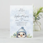 Invitation Baby shower d'hiver du garçon bleu pingouin mou (Debout devant)
