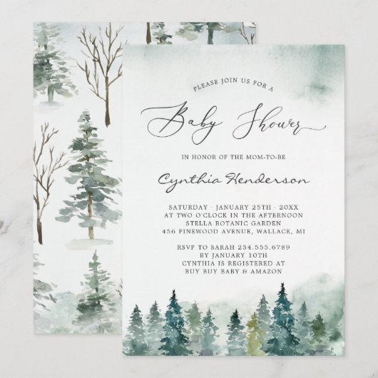 Invitation Baby shower d'hiver Elégant bois chic Pine Arbres (Devant / Derrière)