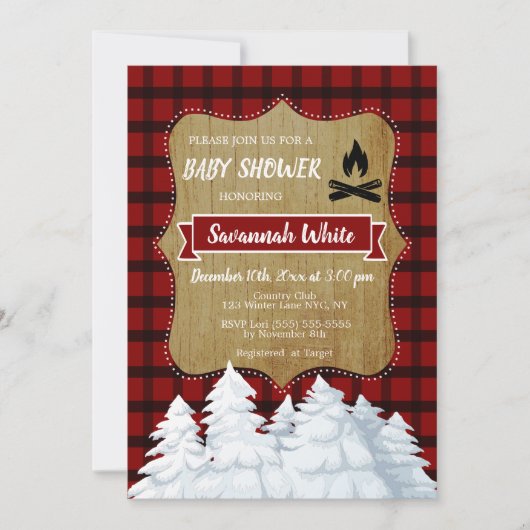 Invitation Baby shower d'hiver en bois plaid, forêt rustique (Devant)
