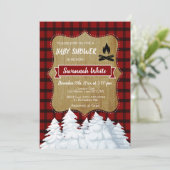 Invitation Baby shower d'hiver en bois plaid, forêt rustique (Debout devant)