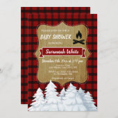 Invitation Baby shower d'hiver en bois plaid, forêt rustique (Devant / Derrière)
