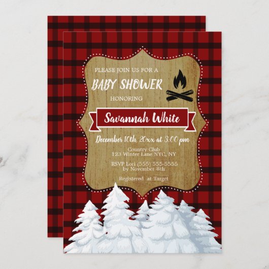 Invitation Baby shower d'hiver en bois plaid, forêt rustique (Devant / Derrière)
