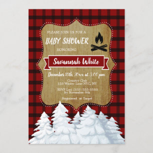 Invitation Baby shower d'hiver en bois plaid, forêt rustique