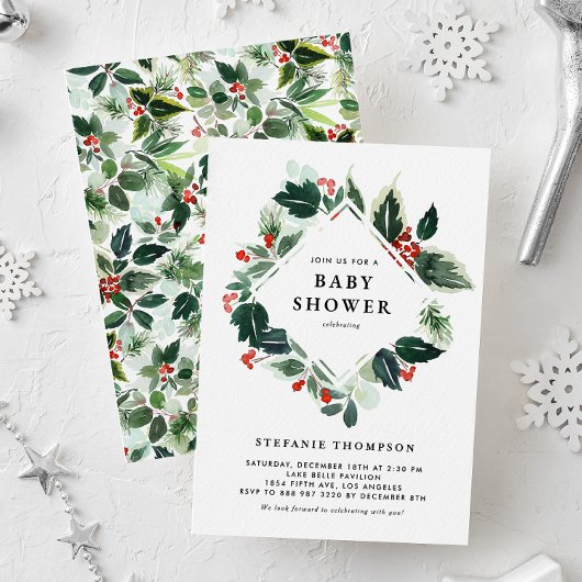 Invitation Baby shower d'hiver et de verdure Holly