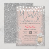 Invitation Baby shower d'hiver Flammes de neige Lanterne rose (Devant / Derrière)