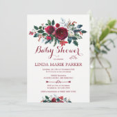 Invitation Baby shower d'hiver fleuri vert de pin de Bourgogn (Debout devant)