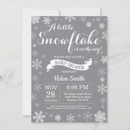 Invitation Baby shower d'hiver Flocon de neige blanc et gris (Devant)