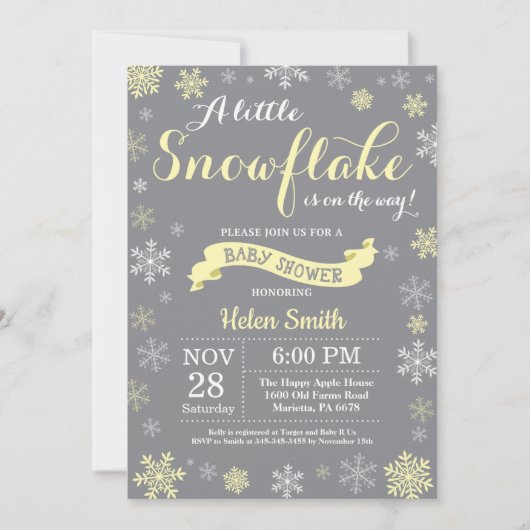 Invitation Baby shower d'hiver Flocon de neige jaune blanc et (Devant)