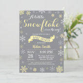 Invitation Baby shower d'hiver Flocon de neige jaune blanc et (Debout devant)