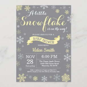 Invitation Baby shower d'hiver Flocon de neige jaune blanc et