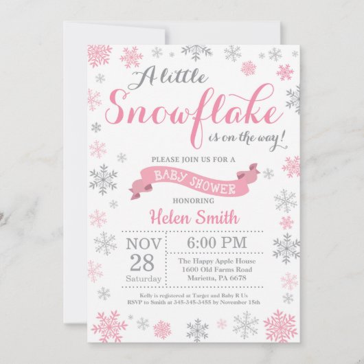 Invitation Baby shower d'hiver Flocon de neige ros (Devant)