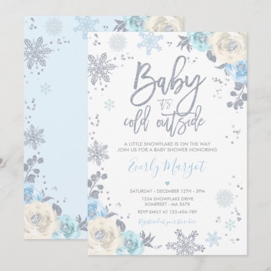 Invitation Baby shower d'hiver floral argent et bleu Snowflak (Devant / Derrière)