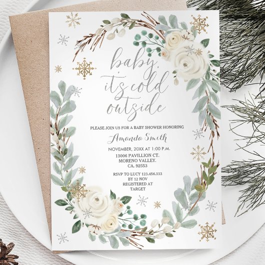 Invitation Baby shower d'hiver Floral blanc