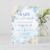 Invitation Baby shower d'hiver floral bleu et blanc Flocon de (Debout devant)