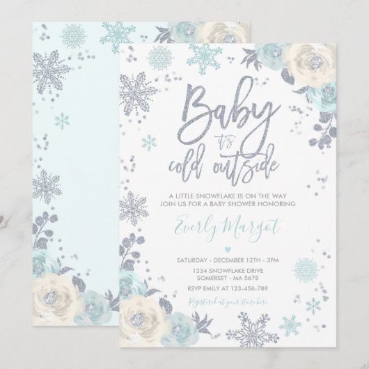 Invitation Baby shower d'hiver floral d'argent et de menthe (Devant / Derrière)