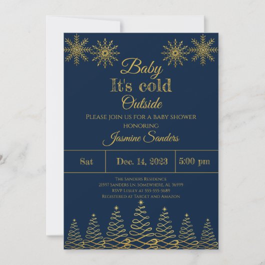 Invitation Baby shower d'hiver Gold et Navy Snowflake (Devant)
