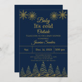 Invitation Baby shower d'hiver Gold et Navy Snowflake (Devant / Derrière)