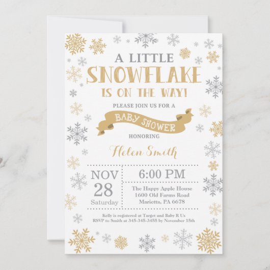 Invitation Baby shower d'hiver Gold Flocon de neig (Devant)