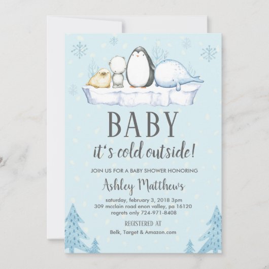 Invitation baby shower d'hiver invitation, animaux d'hiver (Devant)