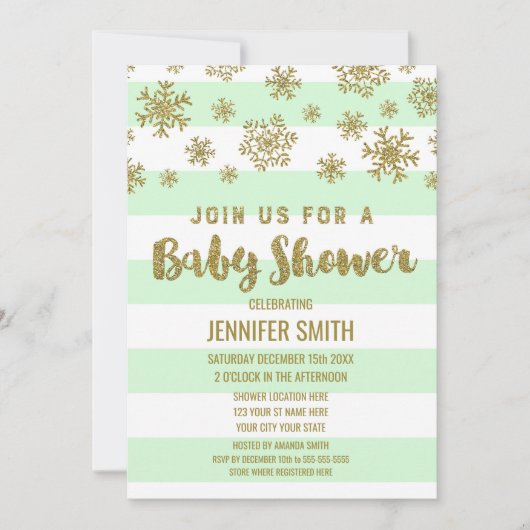 Invitation Baby shower d'hiver Mint Stripes Gold Snowflakes (Devant)