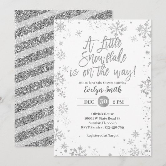 Invitation Baby shower d'hiver Parties scintillant d'argent (Devant / Derrière)