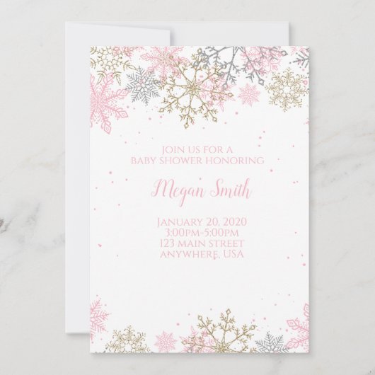 Invitation Baby shower d'hiver Parties scintillant rose et or (Devant)