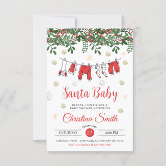 Invitation baby shower d'hiver père Noël Baby Cute Gold Snowf