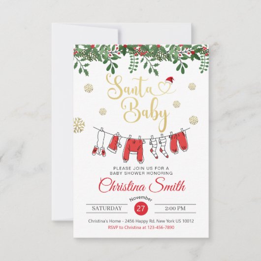 Invitation Baby shower d'hiver père Noël Baby Gold Snowflake (Devant)