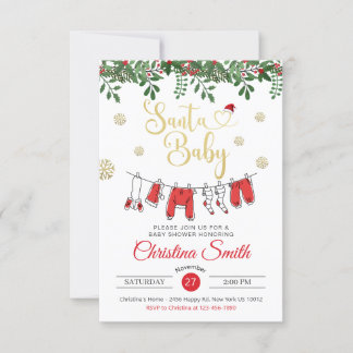Invitation Baby shower d'hiver père Noël Baby Gold Snowflake
