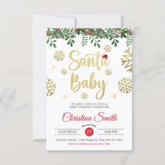 Invitation Baby shower d'hiver père Noël Baby Gold Snowflake