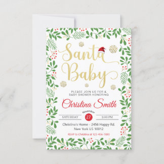 Invitation Baby shower d'hiver père Noël Baby Gold Snowflakes