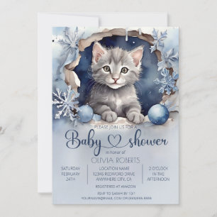 Invitation Baby shower d'hiver petite chatte aquarelle