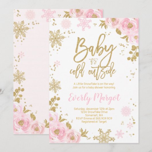 Invitation Baby shower d'hiver Pink Gold Snowflake (Devant / Derrière)