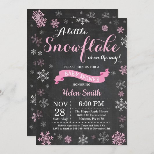 Invitation Baby shower d'hiver Pink Snowflake Chalkboard (Devant / Derrière)