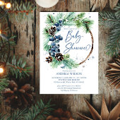 Invitation Baby shower d'hiver pins enneigés wreath bleu pous