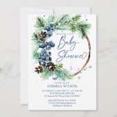 Invitation Baby shower d'hiver pins enneigés wreath bleu pous (Devant)