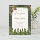 Invitation Baby Shower d'Hiver Plaid Bison Vert Rustique (Debout devant)