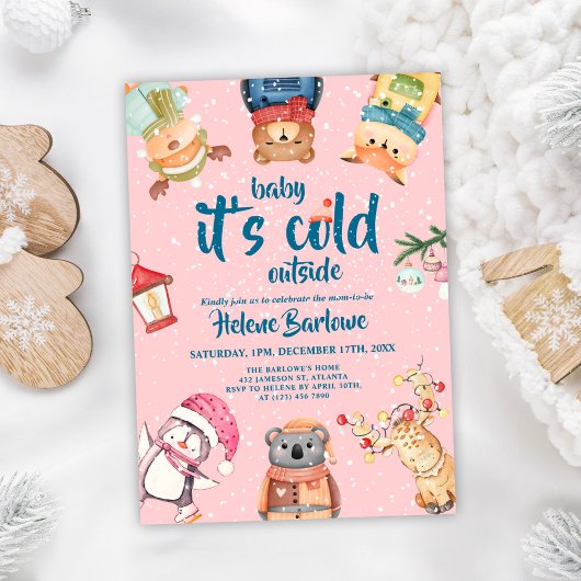 Invitation Baby shower d'hiver pour filles en bois rose