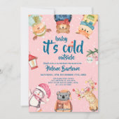 Invitation Baby shower d'hiver pour filles en bois rose (Devant)