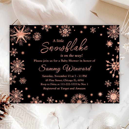 Invitation Baby shower d'hiver rose Gold Snowflakes