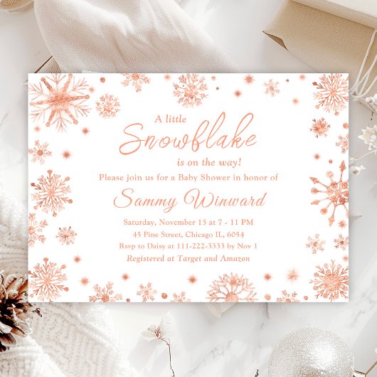 Invitation Baby shower d'hiver rose Gold Snowflakes