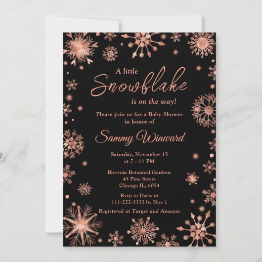 Invitation Baby shower d'hiver rose Gold Snowflakes (Devant)