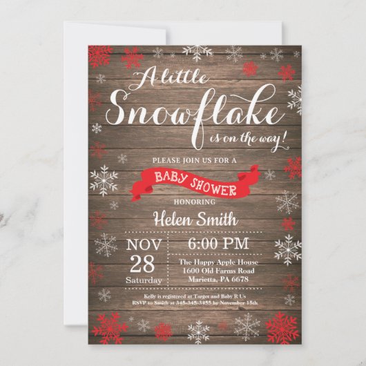 Invitation Baby shower d'hiver rustique Flocon blanc rouge (Devant)