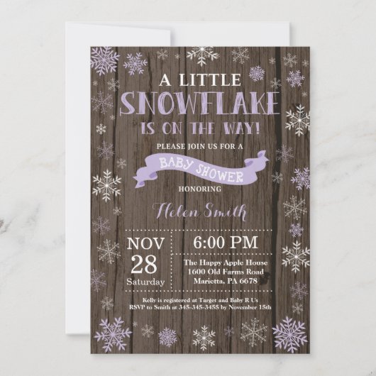 Invitation Baby shower d'hiver rustique Flocon de neige viole (Devant)