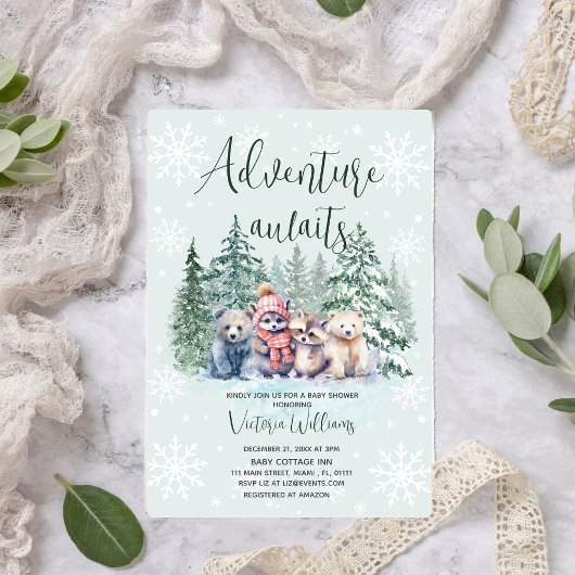 Invitation Baby shower d'hiver sur les animaux des bois
